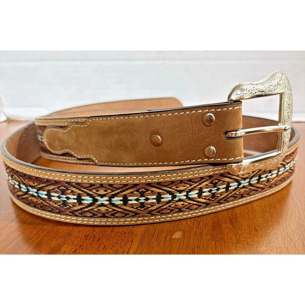 Nocona Leather Belt Men 42 Brown Turquoise Blue Embroidered Overlay N2474844